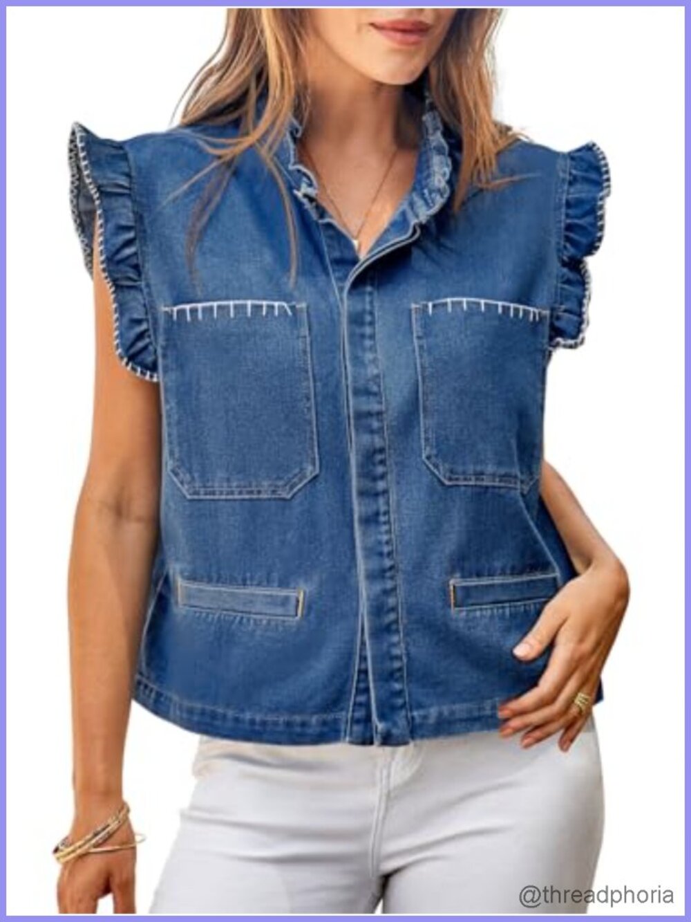Women's Cropped Jean Vest Ruffle Sleeve Denim Waistcoat